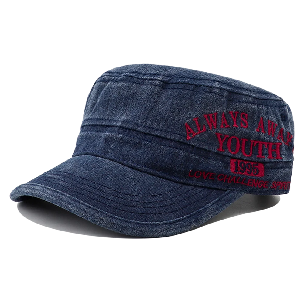 2024 New Letter Embroidery Washed Cotton Flat Top Military Cap