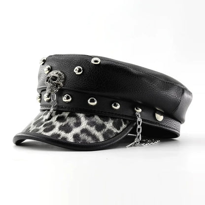 Fashion PU Leather Women Beret Punk Style Vintage Flat Top Military Caps