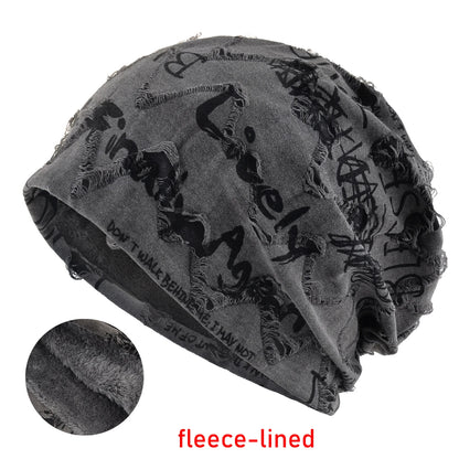 Letter Print Beanie Hats For Women Men Vintage Distressed Cracked Design Wasteland Style