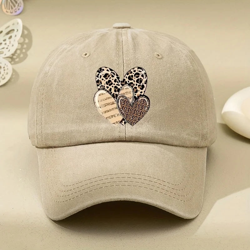 Three Leopard Print Love Pattern Women's Washed Baseball Caps