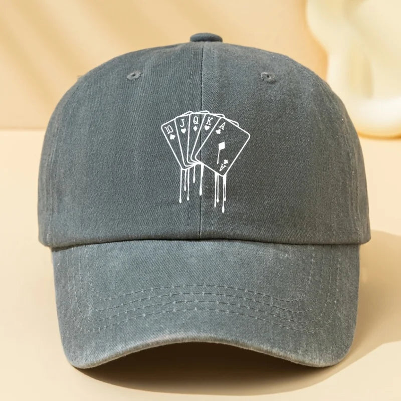 Poker Card Printed Washed Baseball Cap for Vacation, Travel, Camping and Leisure