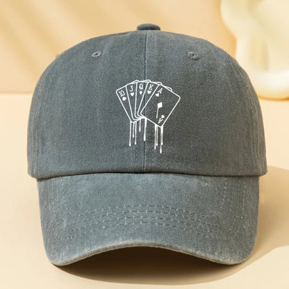Poker Card Printed Washed Baseball Cap for Vacation, Travel, Camping and Leisure
