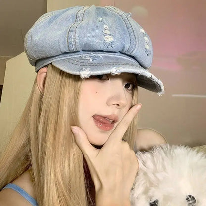 Retro Octagonal Cap Beret Women Washed Denim Newsboy Hat