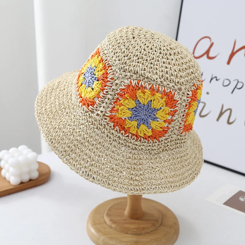 New Foldable Straw Crochet Flower Hat Women's