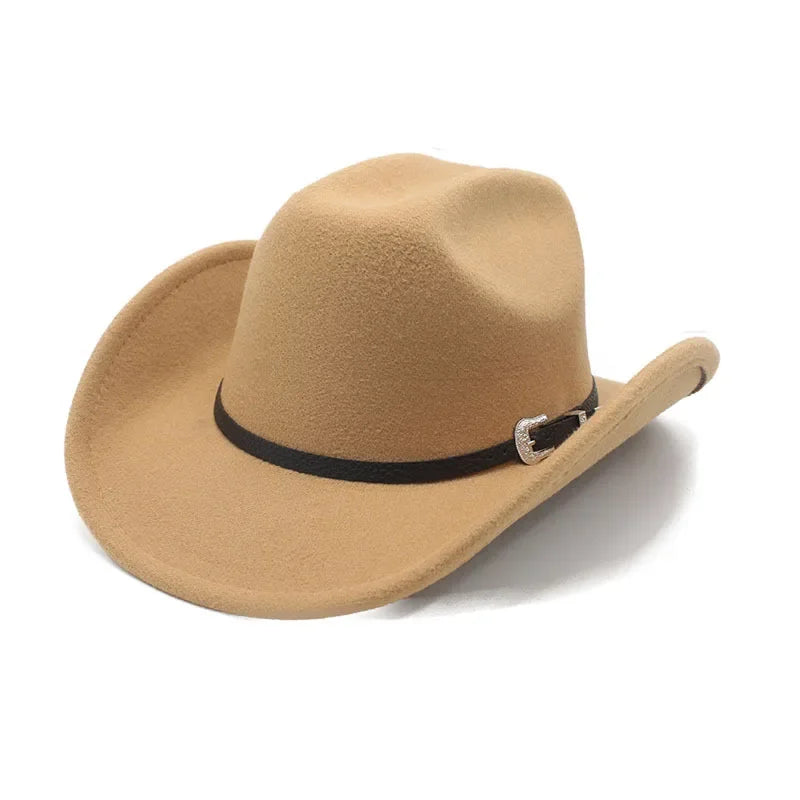 Western Punk Wool Felt Cowboy Hat, Wide Rolled Brim Fedora For Equestrian Riding