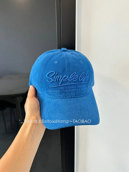 Retro Blue Embroidered Letter Wide Brim Baseball Cap Korean Style Sunshade Outdoor Sports Circumference Hat