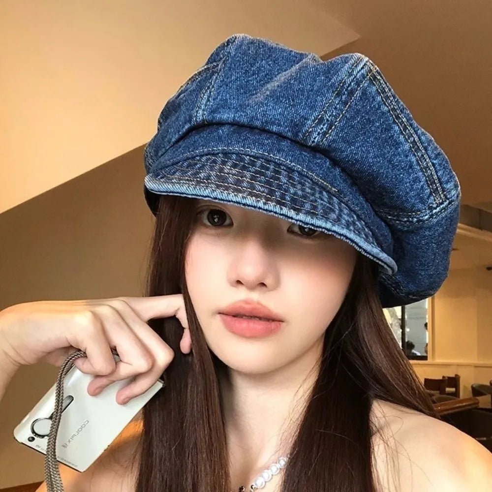 Fashion Vintage Washed Denim Beret Cloud Newsboy Octagonal Cap
