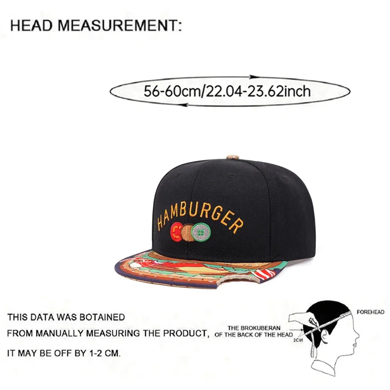 New Flat Edge Hat Burger Embroidered Printed Baseball Hat Outdoor Daily Sunshade Hat Unisex Hip Hop Hat
