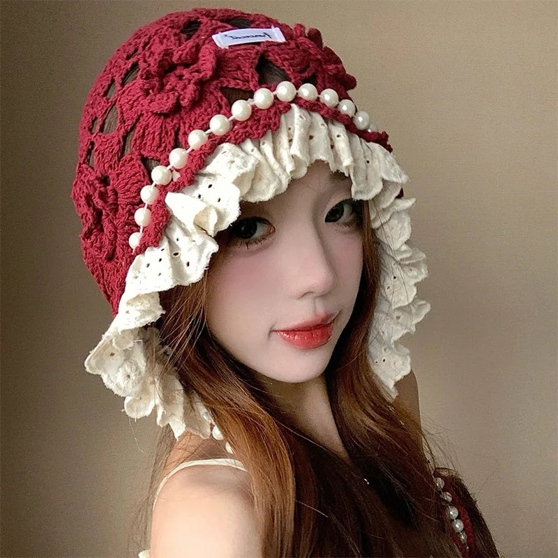 Casual Pearl Tassels Crochet Flower Knitted Hat Hollow Out Thin Lace Beanie