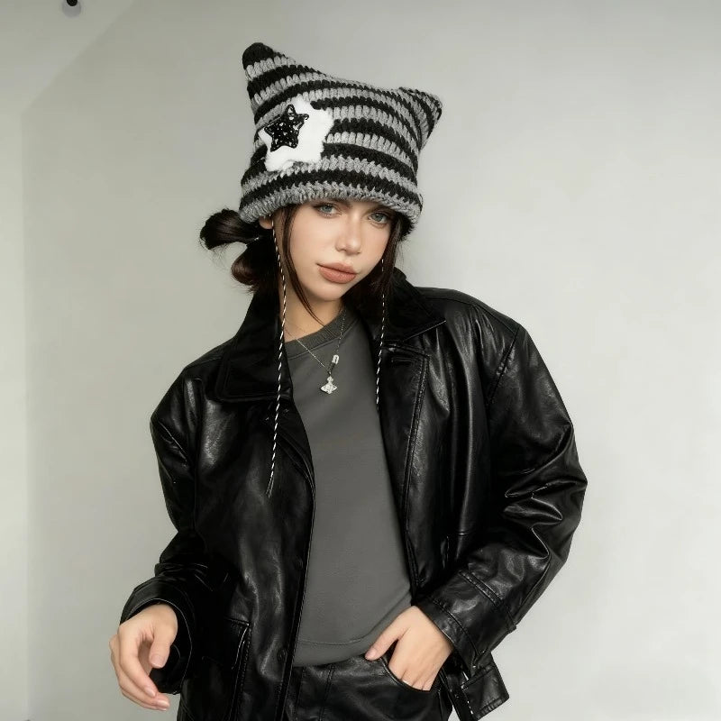 Cute Cat Ears Beanie Hat For Women Winter Striped Korean