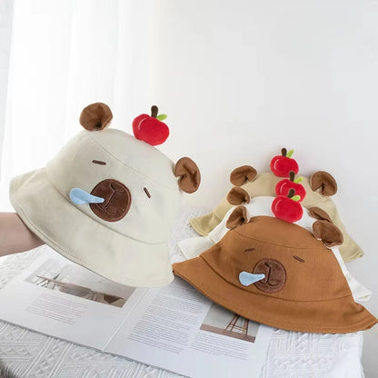 Cute Capybara Apple Bucket Hat For Women Cartoon Fisherman Hat