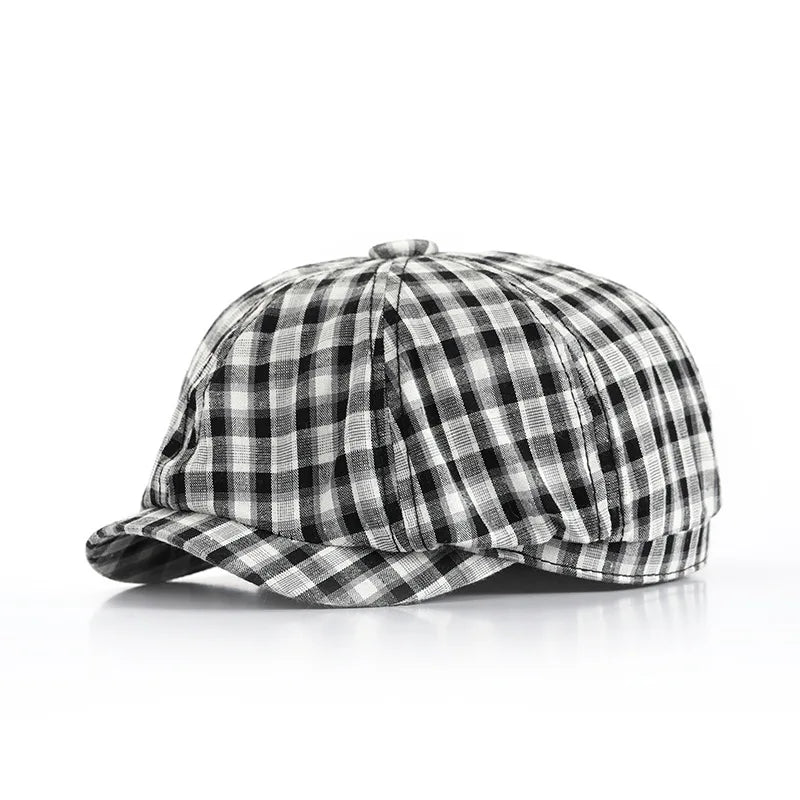 Checked Cloth Octagonal Cap Cotton Blends Plaid Men Casual Newsboy Caps