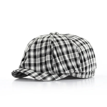 Checked Cloth Octagonal Cap Cotton Blends Plaid Men Casual Newsboy Caps