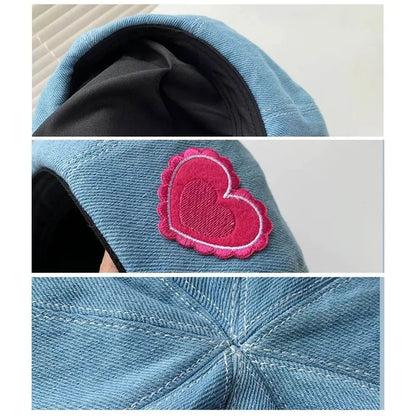 Casual Denim Berets Hat Cherry Sweet Artist Berets Adjustable