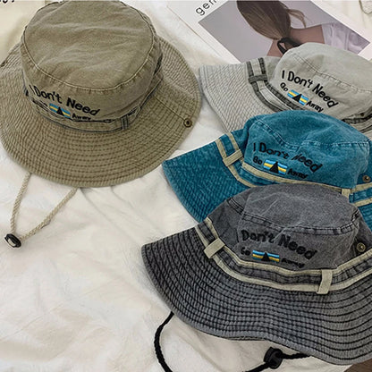 Unisex Washed Denim Bucket Hats Women Fisherman's Hat Letter Embroidery Bob Caps