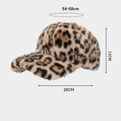 Leopard Print Baseball Cap Women Plush Faux Fur Keep Warm Winter