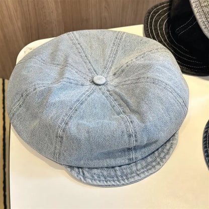 Lady Washed Old Blue Denim Large Beret Spring Autumn