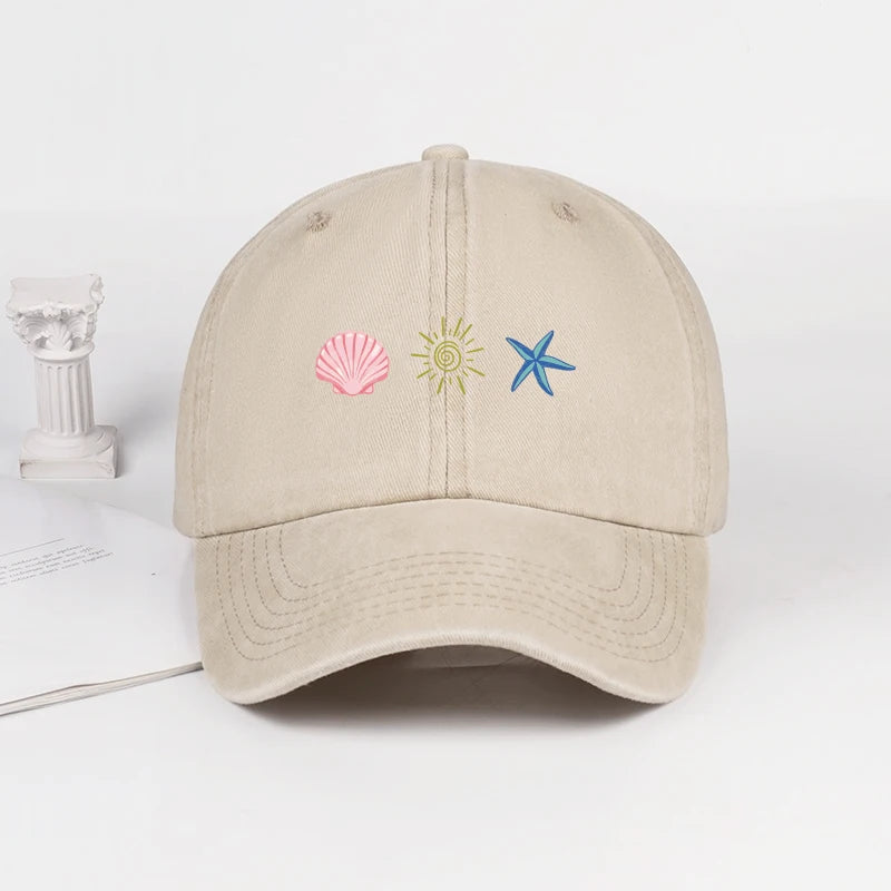Washed Baseball Cap With Shell Sun Starfish Print Adjustable Curved Brim Hat Retro Beach Vibe Casual Wear