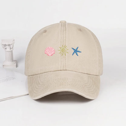 Washed Baseball Cap With Shell Sun Starfish Print Adjustable Curved Brim Hat Retro Beach Vibe Casual Wear