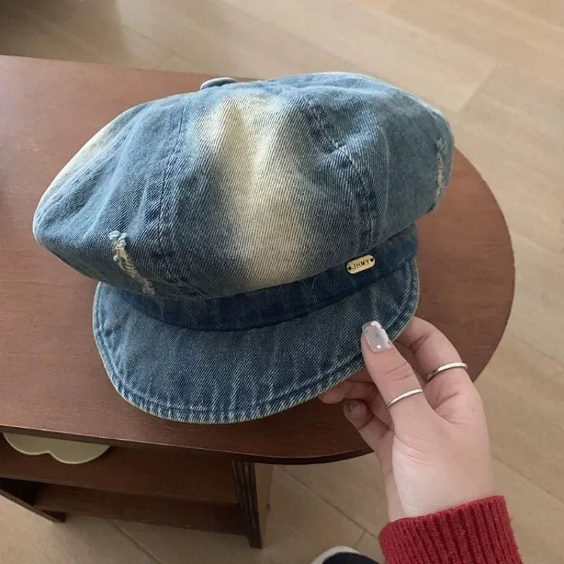 Retro Tie-Dye Hole Design Denim Newsboy Hats