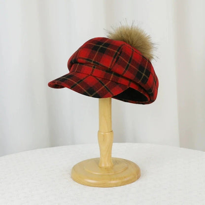 British Retro Autumn/Winter Women Plaid Beret Sun Shade Warm Octagonal Hats