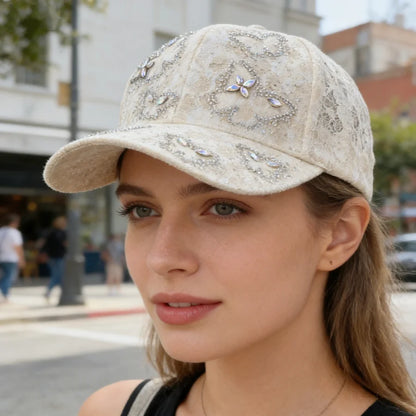 Luxurious Butterfly Rhinestone Lace Baseball Cap