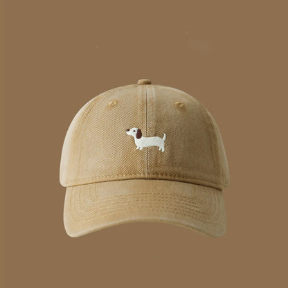 Embroidered Dachshund Washed Cotton Baseball Cap Fashion Women men