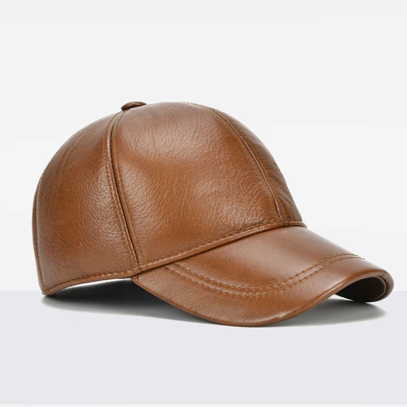 Men's Genuine Cowhide Leather Baseball Cap For Fall Winter Outdoor Sports Hat Men