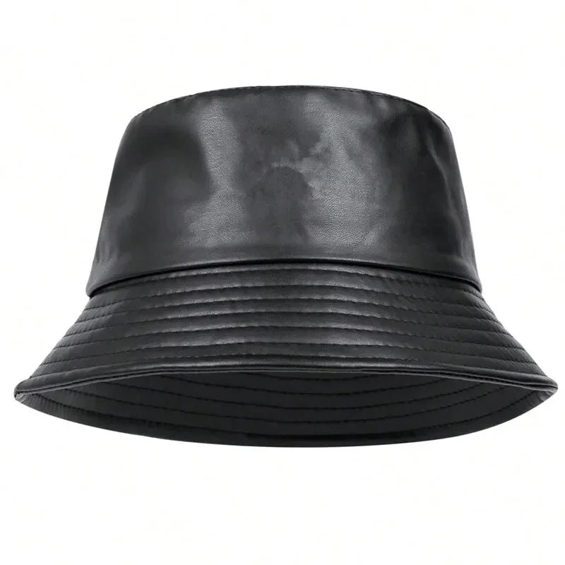 Unisex Solid Color Personality Pu Leather Bucket Hats Fishermen Caps Outdoor