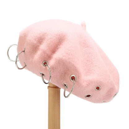 Personality Punk Style Beret Hat With Circular Hollow Rivet, Y2k Newsboy Caps