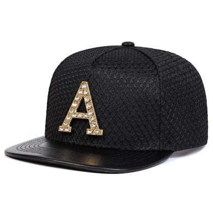 Unisex Metal Strip Drill A Letter Label Mesh Hip Hop Hat