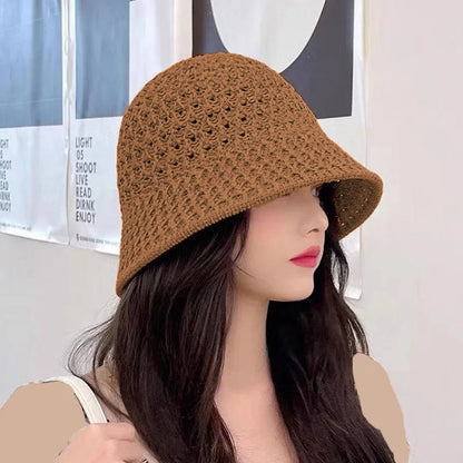 Straw Dome Weave Bucket Hat Hollow Out Breathable Sun Hats