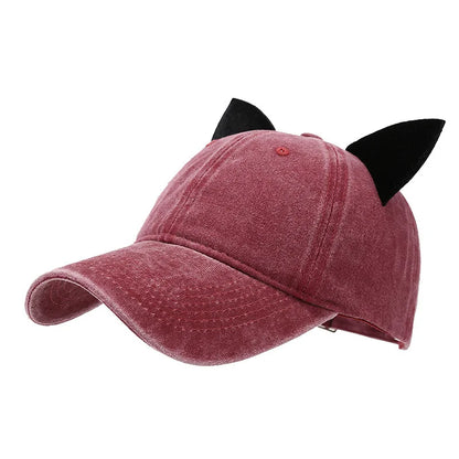 Washed Retro Cat Ear Baseball Cap Women
