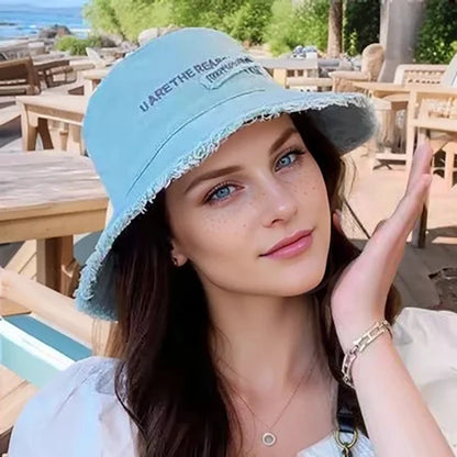 Fisherman Hat Women's Summer Sunscreen Denim Raw Edges Old Korean Version of the Trendy Face Bucket Hat