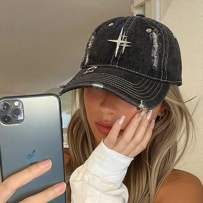 Street-Style Vintage Distressed Denim Cap