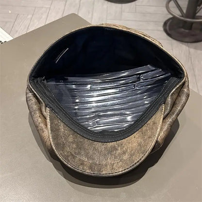 Vintage Distressed Leather Baker Boy Cap