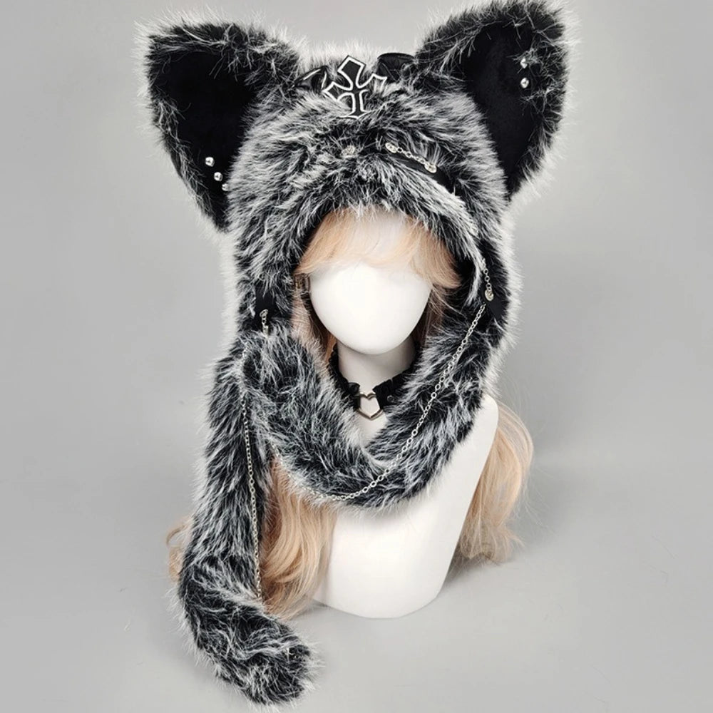 Y2K Dark Series Gothic Plush Winter Hat Spicy Girl Cat Ear Hat