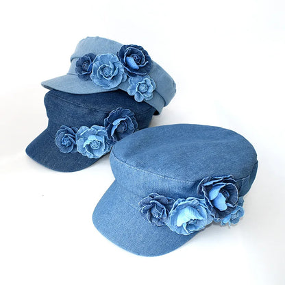 Denim Beret Three-Dimensional Flower Sun Hat