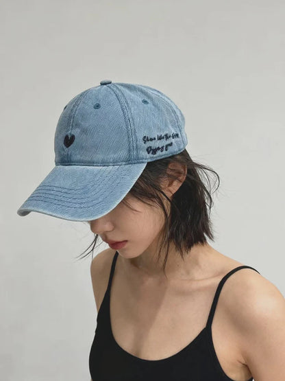 Korean Style Embroidered Heart Denim Baseball Cap