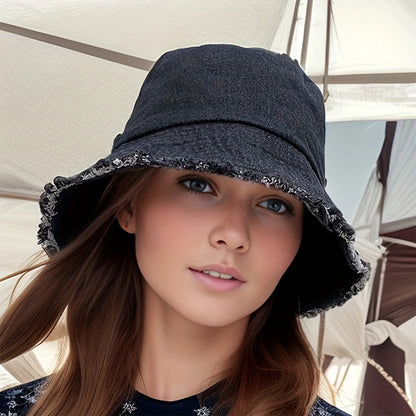 Women Sun Hat Trendy Summer Bucket Hat Outdoor Breathable Summer Denim Fisherman Hats for Beach Vacation