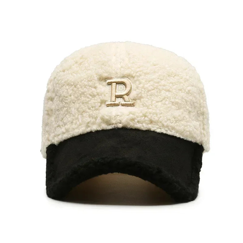 Trendy Big Letter Embroidery Men Winter Hats White Brown Lambswool Baseball Cap for Women