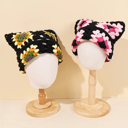 Niche Cute Cat Ear Color Matching Hand-Crocheted Beanie Hat