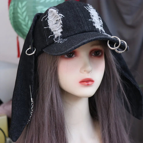 Rabbit Ripped Denim Baseball Cap Puppy Y2K Chains Doberman Ears Hat