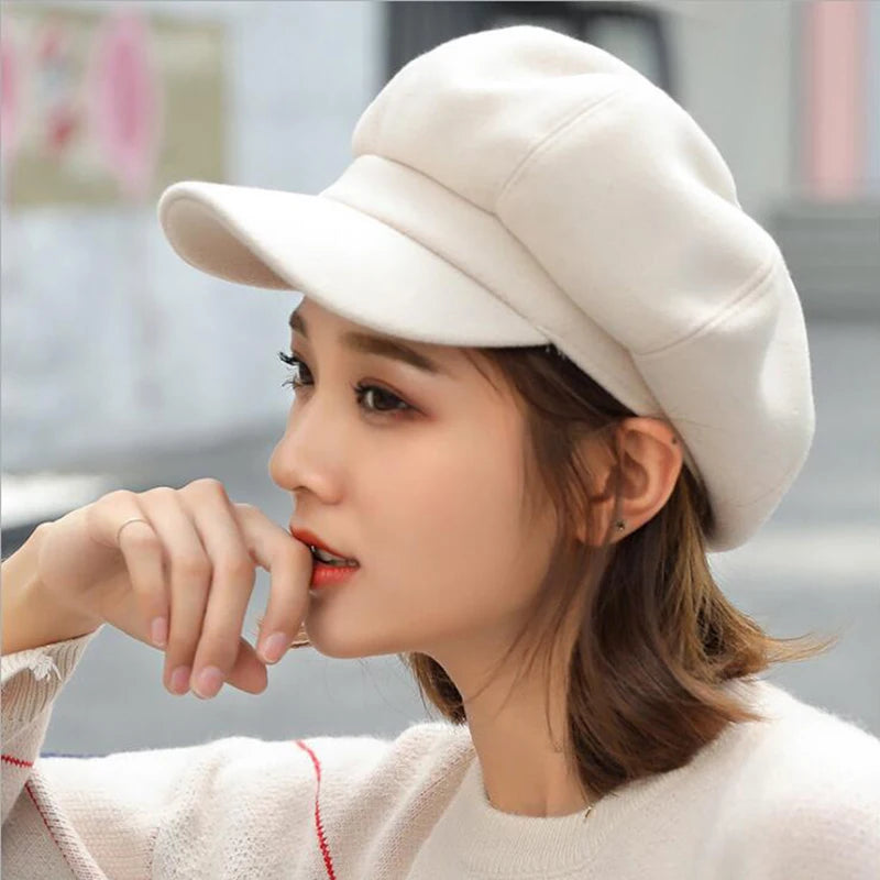 Autumn Winter Hats For Women Solid Plain Octagonal Newsboy Cap