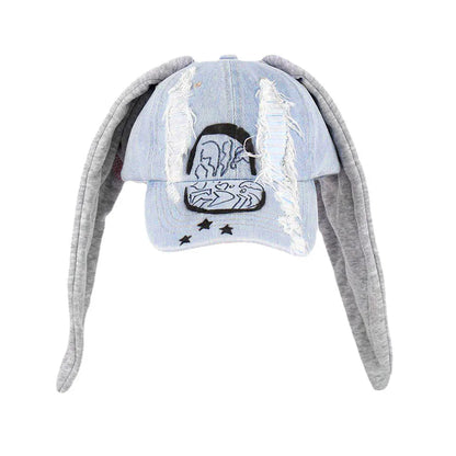 New MinJi Haerin Omg Stage Long Rabbit Ear Hat Y2k Style Denim Blue Baseball Cap