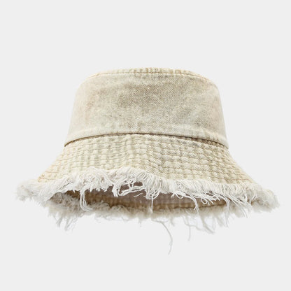 Unisex Trendy Autumn Solid Tassel Edge Washed Denim Summer Bucket Hat For Women