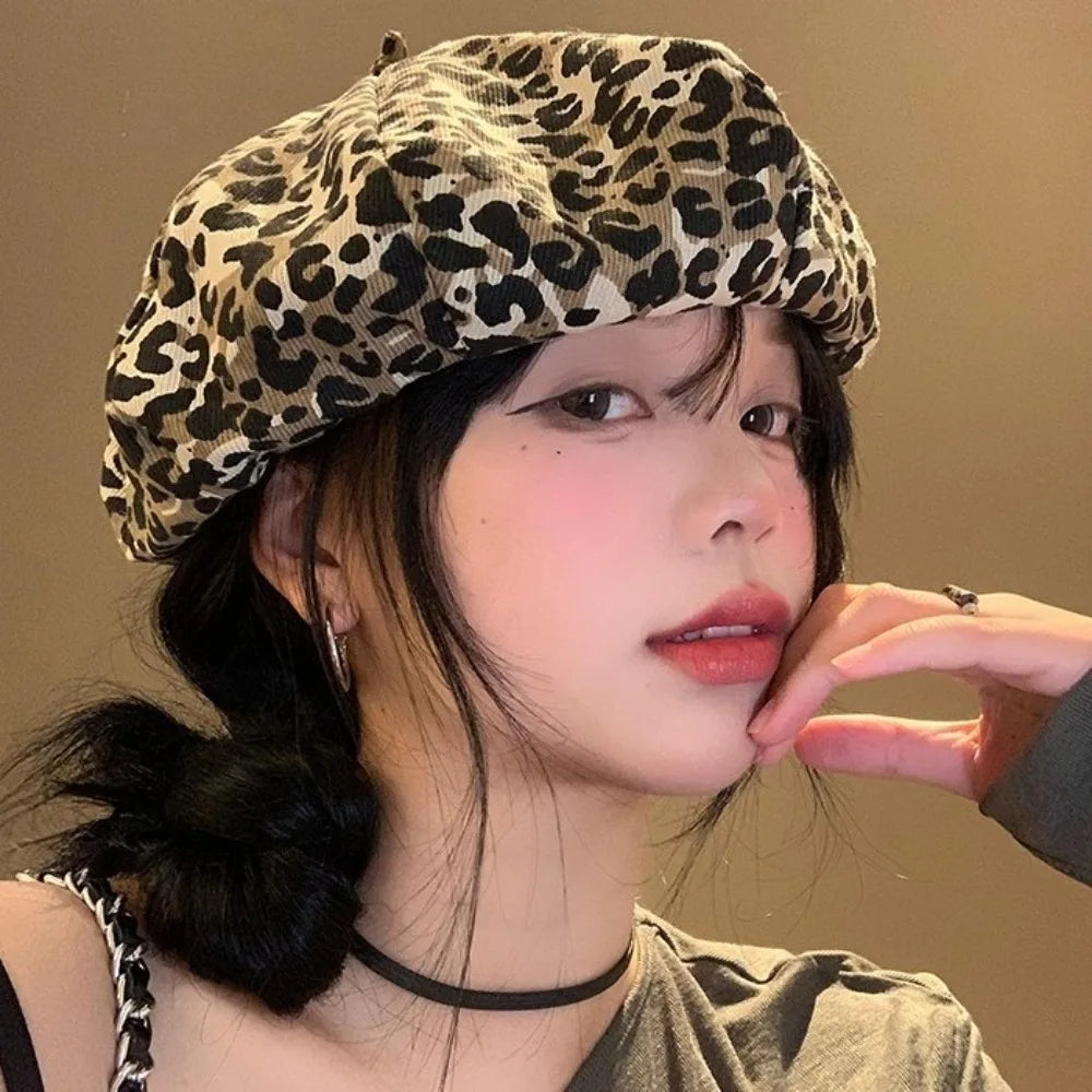 Retro Cloud Leopard Print Beret Y2K Korean Style Octagonal Cap