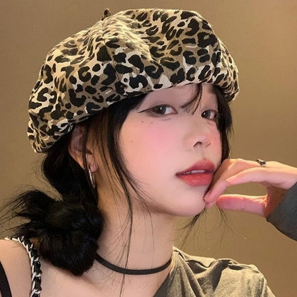 Retro Cloud Leopard Print Beret Y2K Korean Style Octagonal Cap