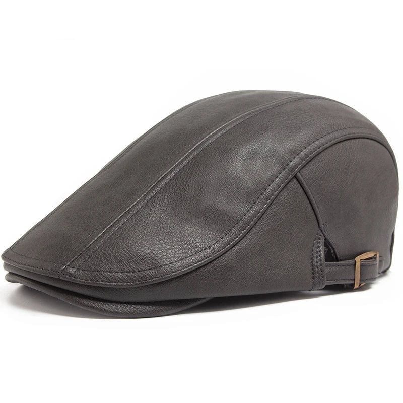 Fashion Men PU Leather Beret Autumn Winter Visor Flat Cap Thicken Warm Hat