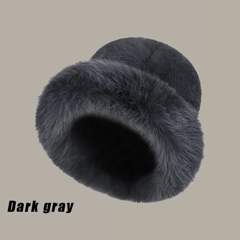 Solid Color Bucket Hat Thick Coldproof Faux Fur Basin Hats Soft Plush Fisherman Cap